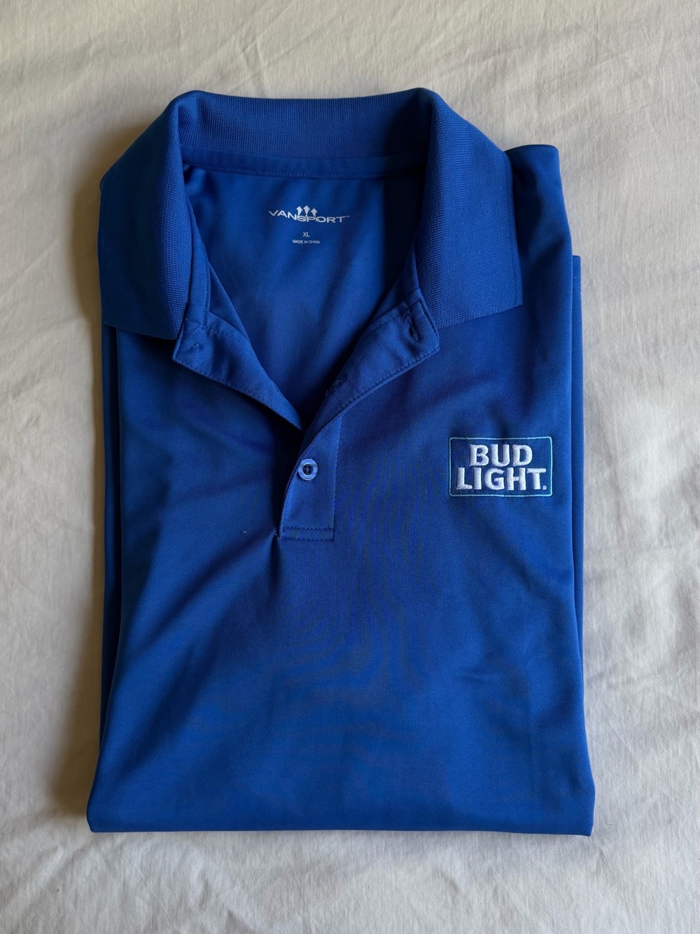 Bud Light Men’s Blue Polo Shirt — Branded Short Sleeve Collared Tee
